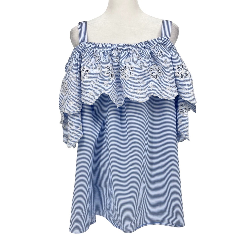 Hummingbird Top Blue White Stripe‎ Off Shoulder Ruffle Lace Cold Shoulder 2XL